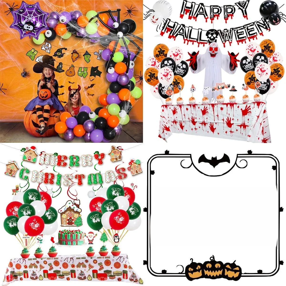 Halloween balloon decoration combo with spider arch and skull pumpkin themed balloons in white and black colours