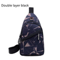 Men's blue Oxford cloth crossbody sling bag with earphone hole and zipper, shown from the front.