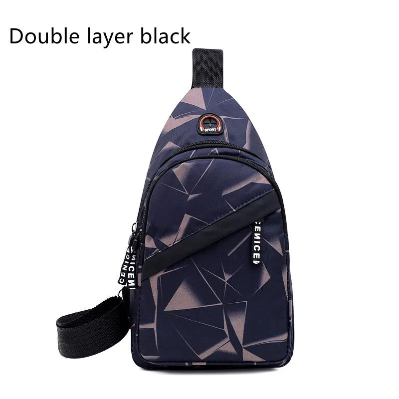 Men's blue Oxford cloth crossbody sling bag with earphone hole and zipper, shown from the front.