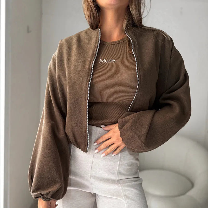Women's brown lantern sleeve short coat with off-shoulder round neck and loose fit