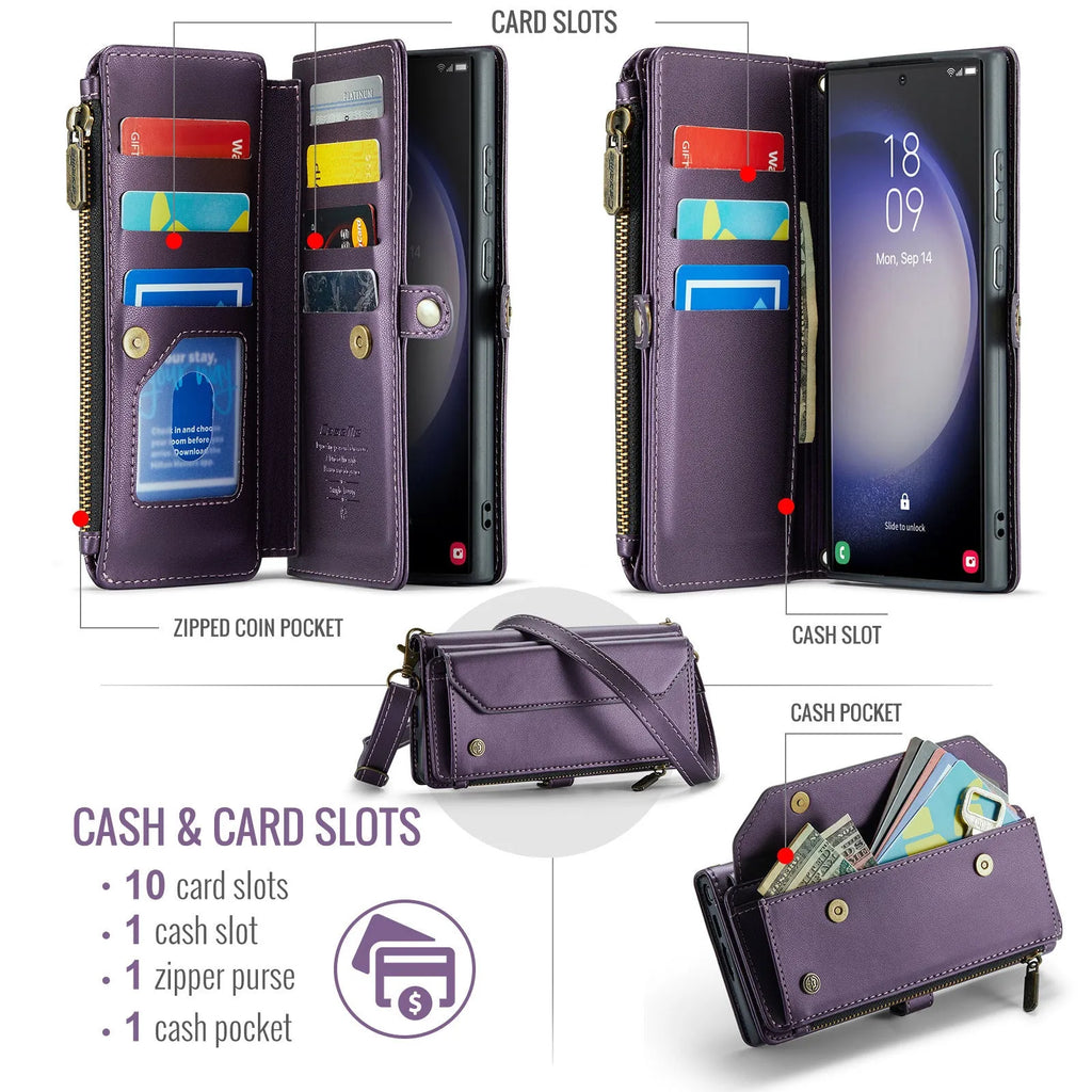 Red TPU wallet style phone case with card slot for Samsung Galaxy S25 Ultra placed on a white surface