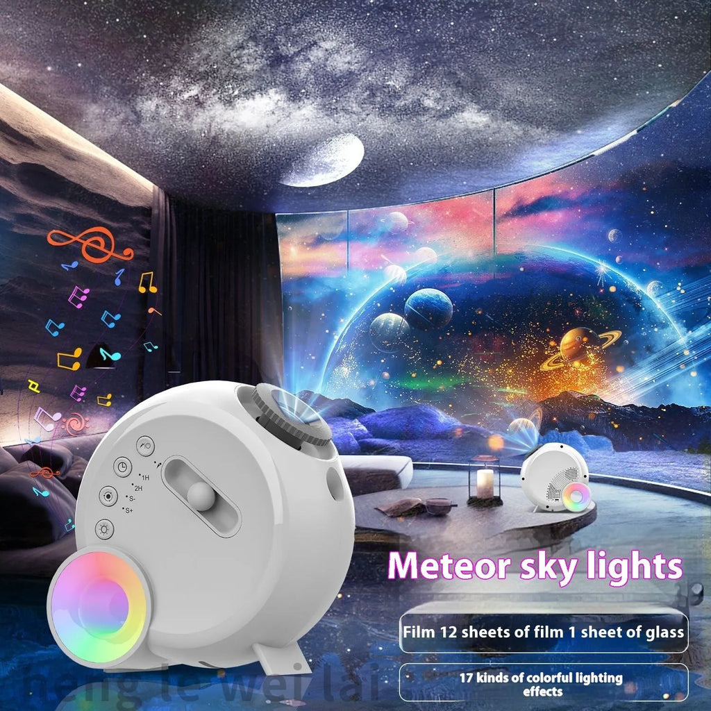 White modern simplicity star light projector with remote control on a bedroom surface, measuring 20x19x10.1cm