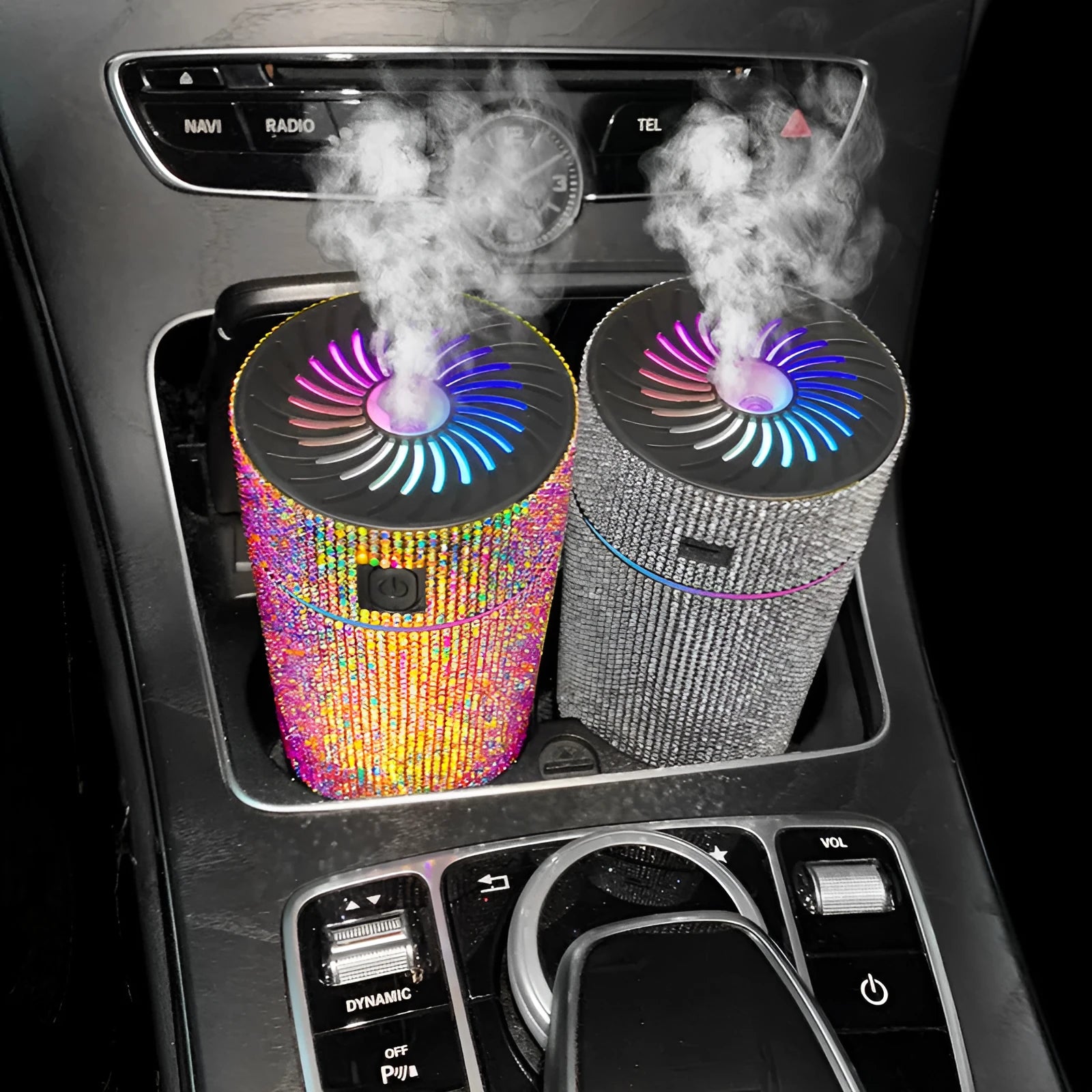 Car-mounted air purifier humidifier unit showing compact design and USB power connection
