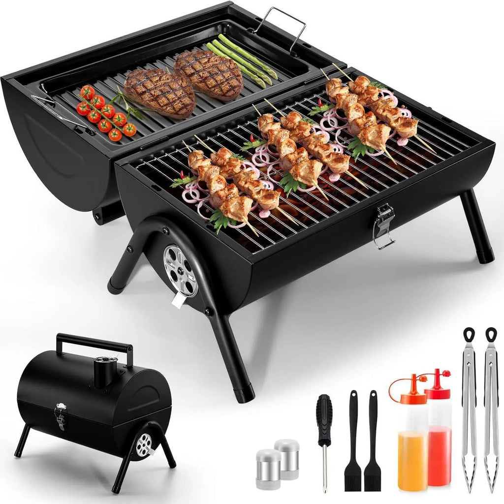 Small folding desktop charcoal barbecue grill with a single cooking grill, shown in a folded position.