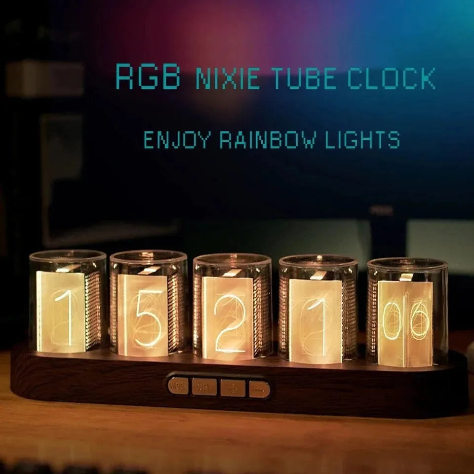 RGB Luminotron LED digital clock showing colourful display on desk