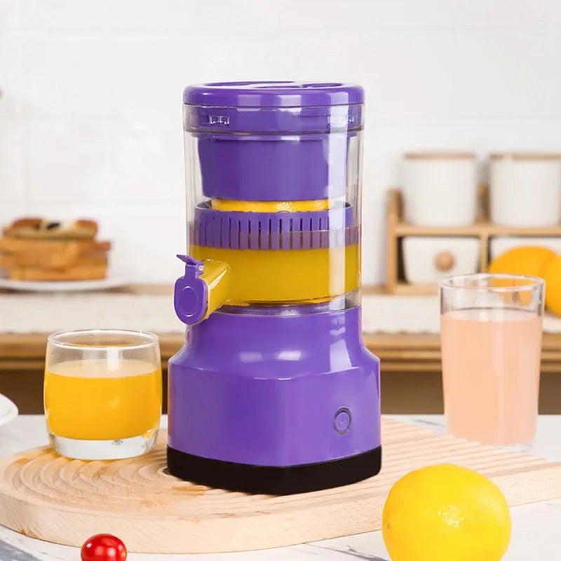 Purple USB rechargeable electric citrus juicer with cone-shaped reamer and 2400mAh battery