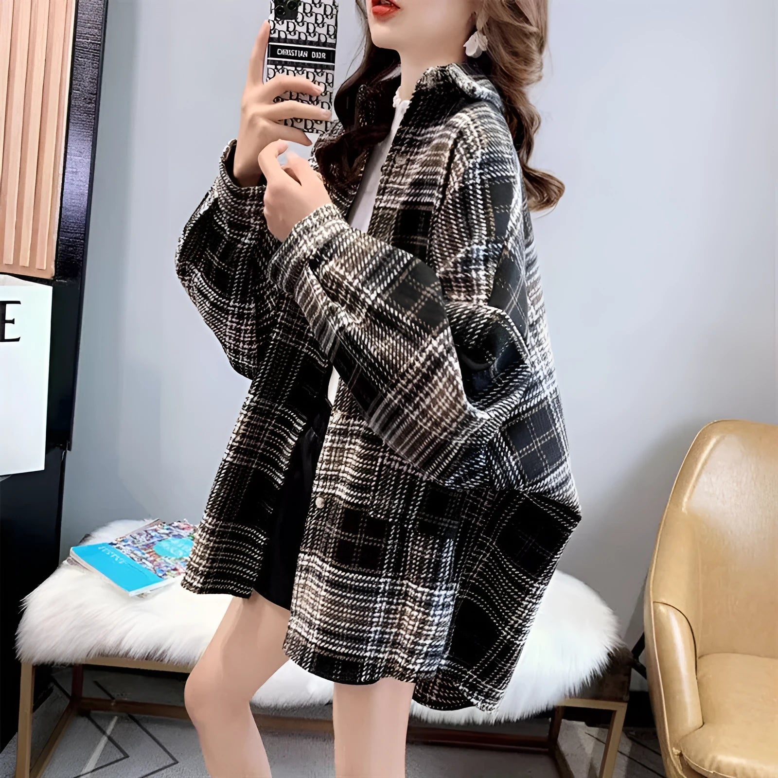 Loose long sleeve cotton blend shirt in black with spliced style and regular sleeve