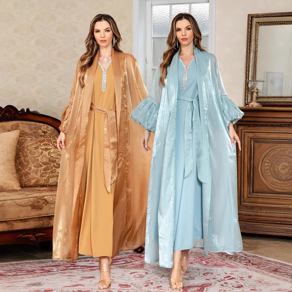 Arabic two-piece dress set in blue with rhinestone straps and long sleeves