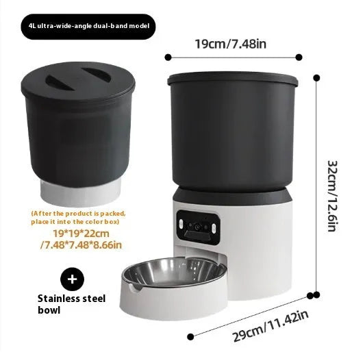 4L smart pet feeder with remote control and video camera on a kitchen floor