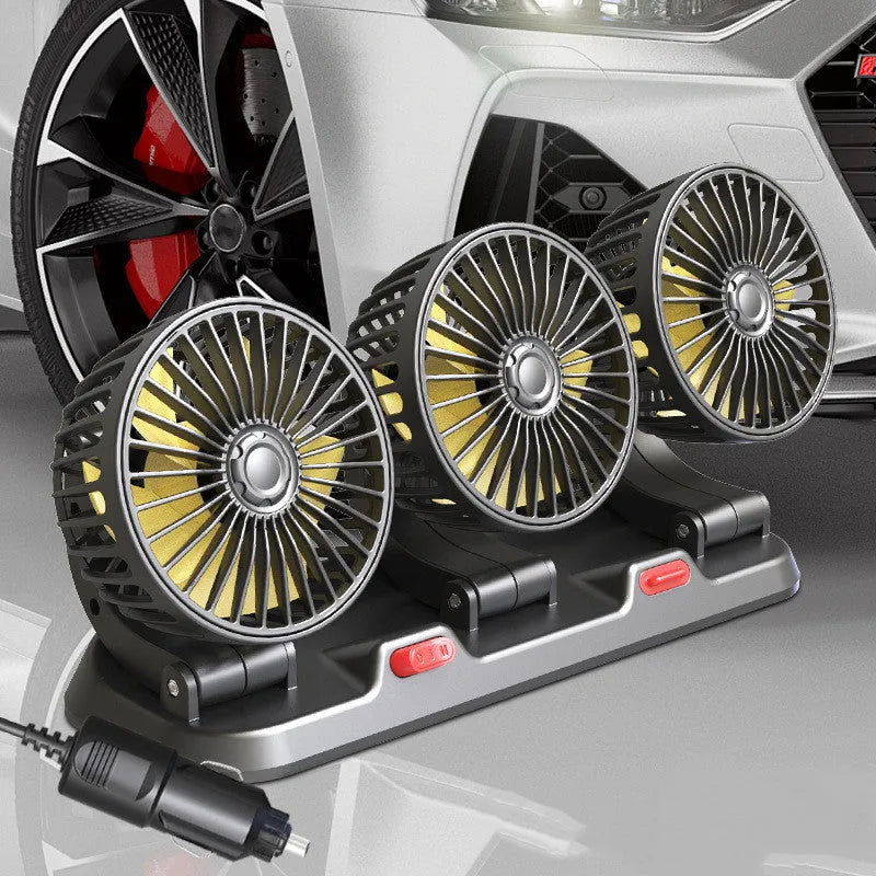 Three-head 12V car cooling fan with adjustable heads and a long cable for cigarette lighter or USB power.
