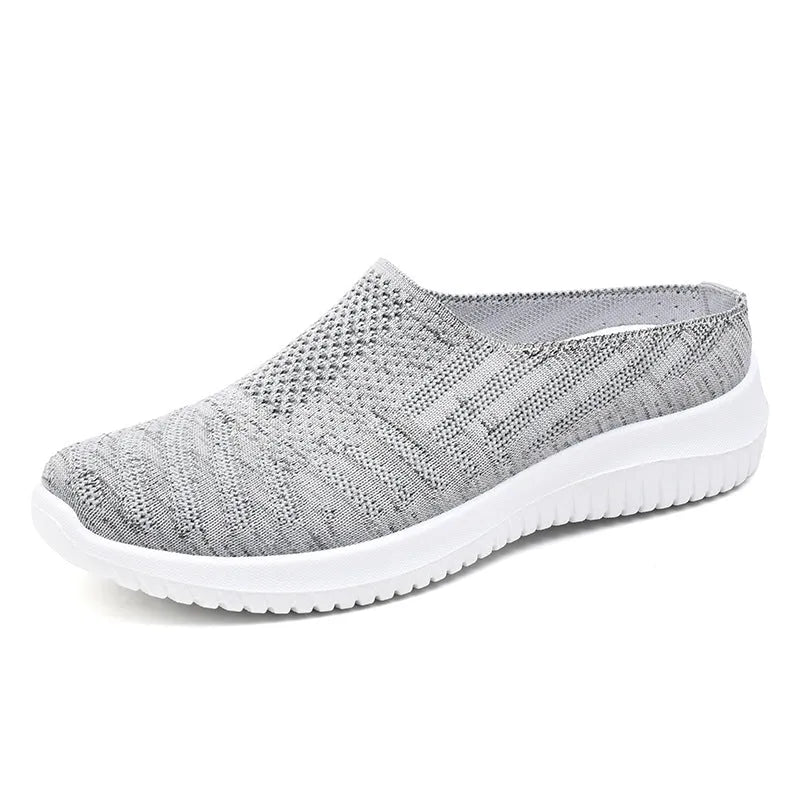 Plus size toe cap semi slippers in purple, gray and black with soft bottom and breathable mesh lining