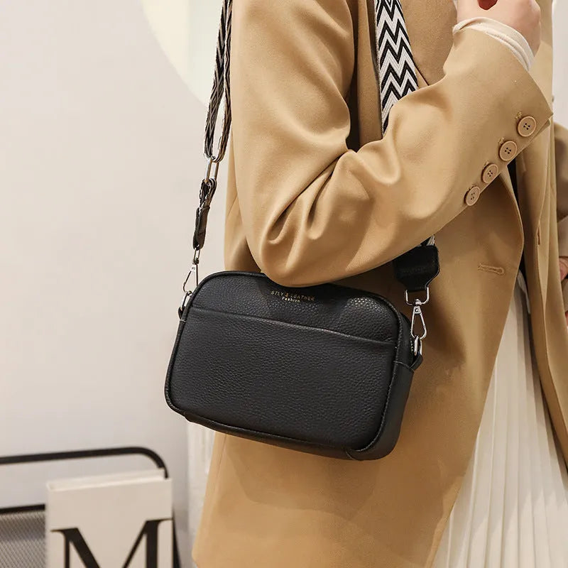 Fashion shoulder crossbody bag with rhombus embroidered wide strap in beige genuine leather for women