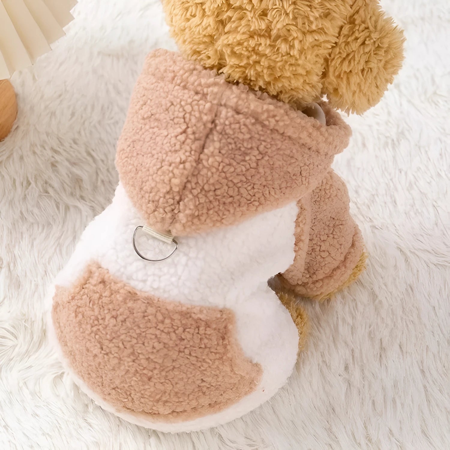 Brown hooded cotton-padded dog coat on a mannequin, showing back detail and size.