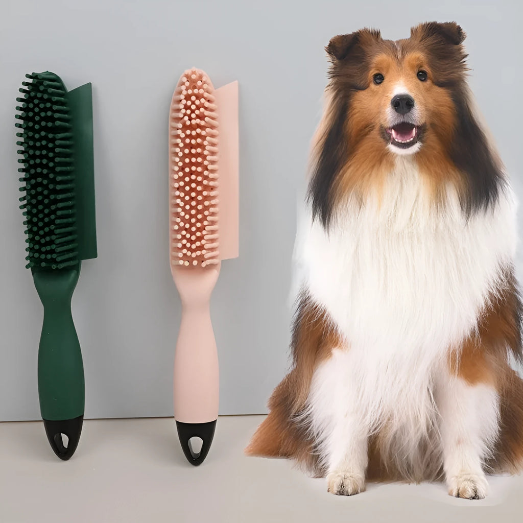 Self-cleaning dog brush pet hair remover in green with integrated hair collector, on white background