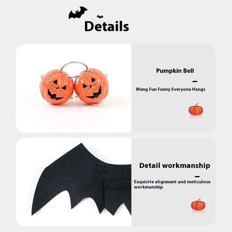 Black wings Halloween felt costume for a dog or cat, shown with a bell accessory.
