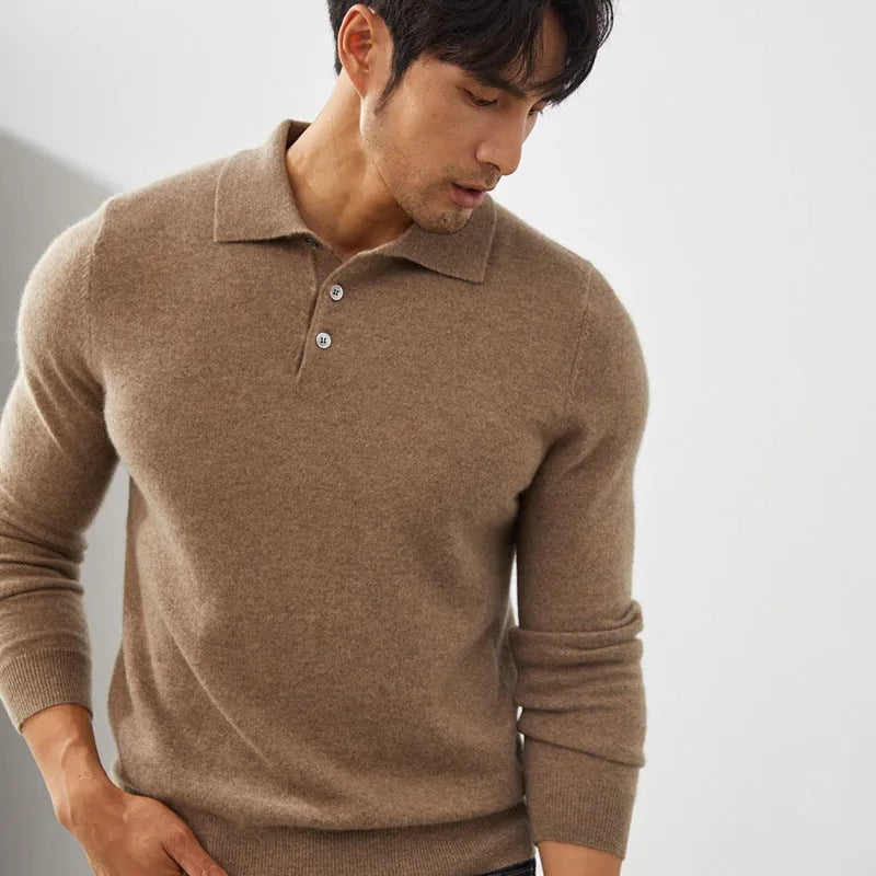 Men's cashmere pullover sweater with polo collar in loose fit showing colour options