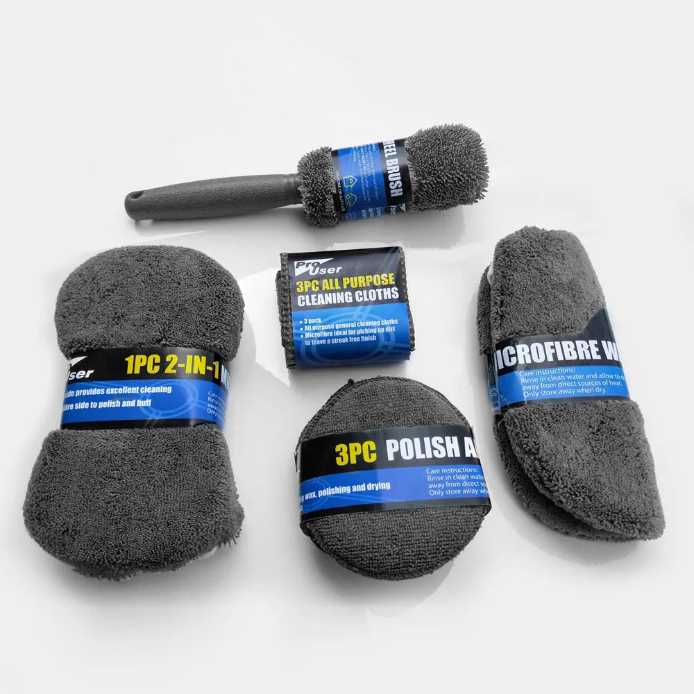 9-piece car cleaning cloth and sponge set with waxing and wheel hub brushes in gray, orange, and variegated colours