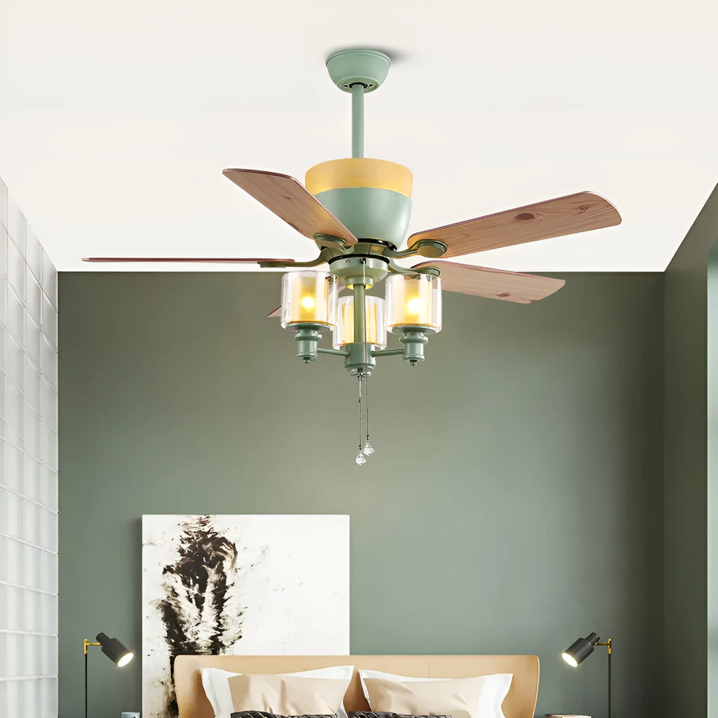 Dark green American style ceiling fan lamp, 120cm diameter, iron glass and wood leaf, E27 x 3 light source