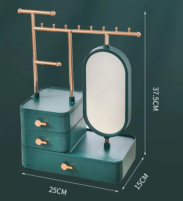 Light luxury cosmetics storage box with mirror in Pearl White on a desktop