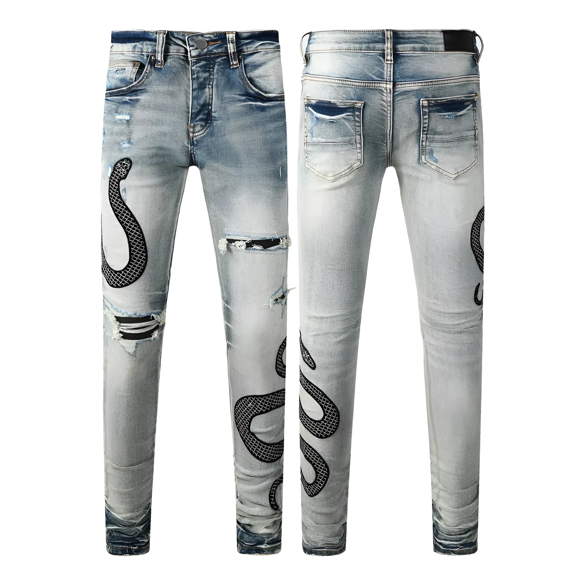 Street fashion distressed skinny jeans in 8934Blue wash with a tight fit and button fly.