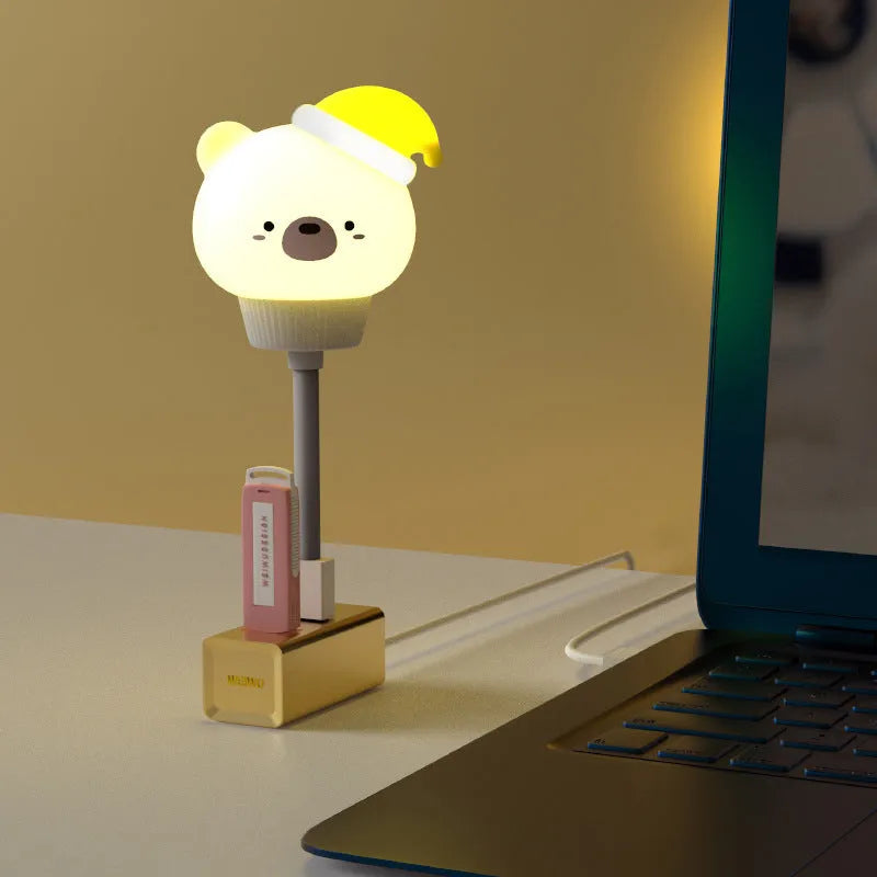 Cartoon animal-shaped USB LED night light in bear design with remote control.