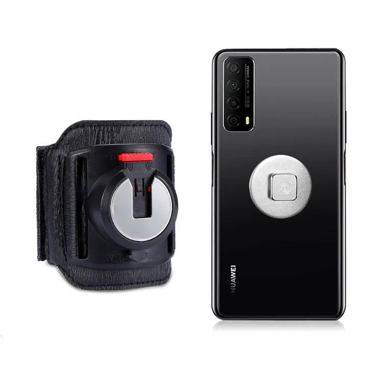 Black mobile phone arm strap holder suitable for sports and takeaway driving on a wrist.