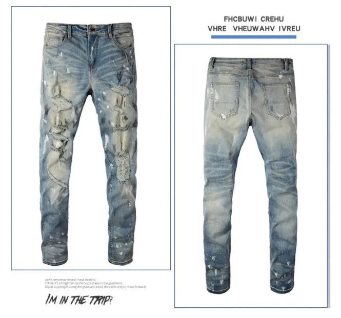 Men's patch slimming perforated denim leggings in light blue, 98% cotton, front view
