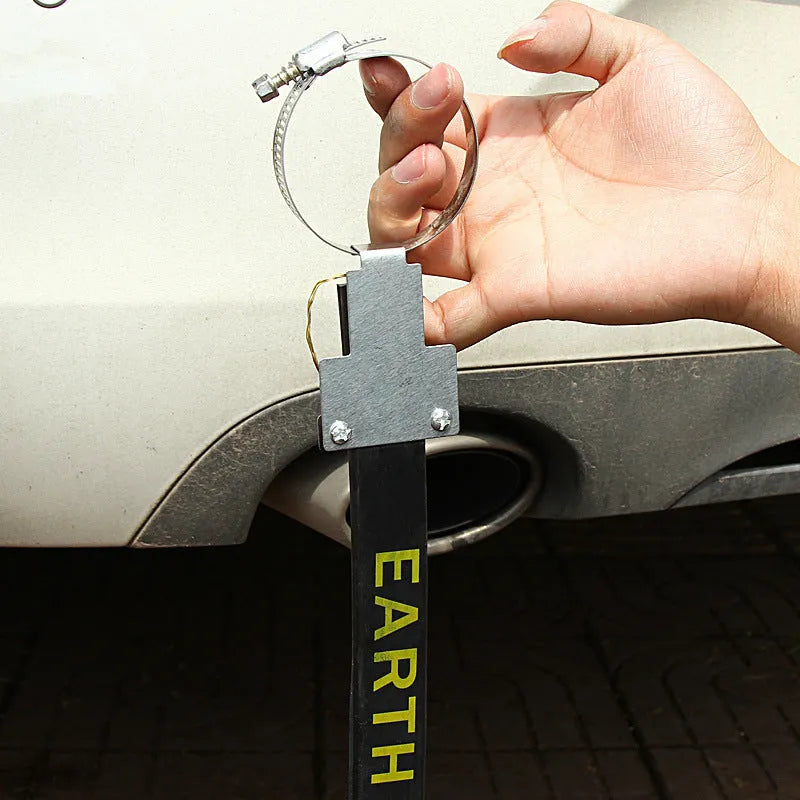 Black rubber vehicle electrostatic grounding strap, 37cm long, for preventing static shocks on cars and vans.