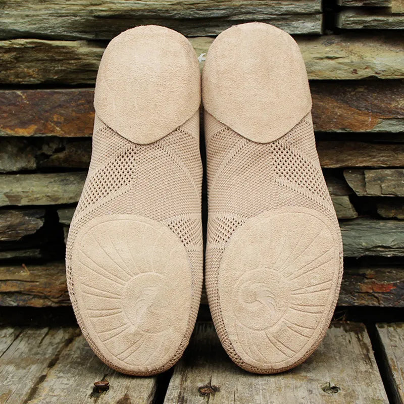 Camel colour Latin dance shoes with cotton mesh upper and leather sole for contemporary dance and yoga