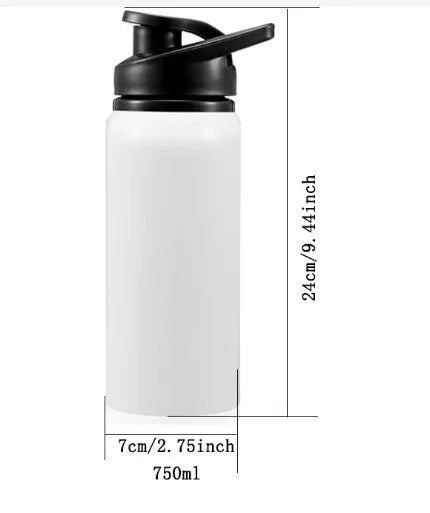 White aluminium sports water bottle for cycling, shown with 600ml and 750ml capacity options.