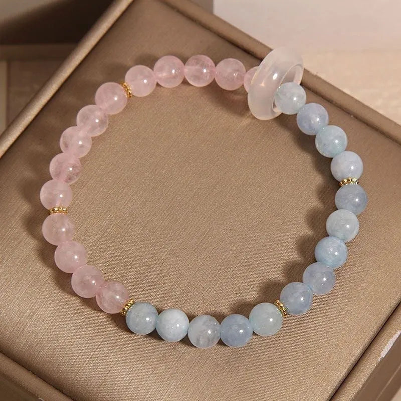 Handmade aquamarine crystal bracelet for women in pink blue and imitation pearl, round geometric shape, light luxury dopamine style