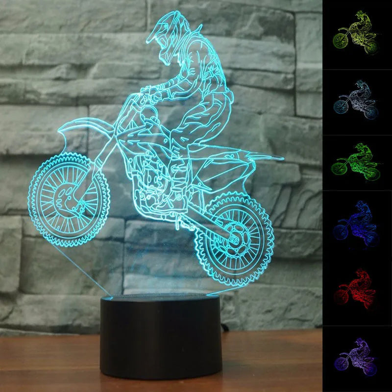 3D night light displaying a motorcycle design with colour-changing LED illumination on a black acrylic panel