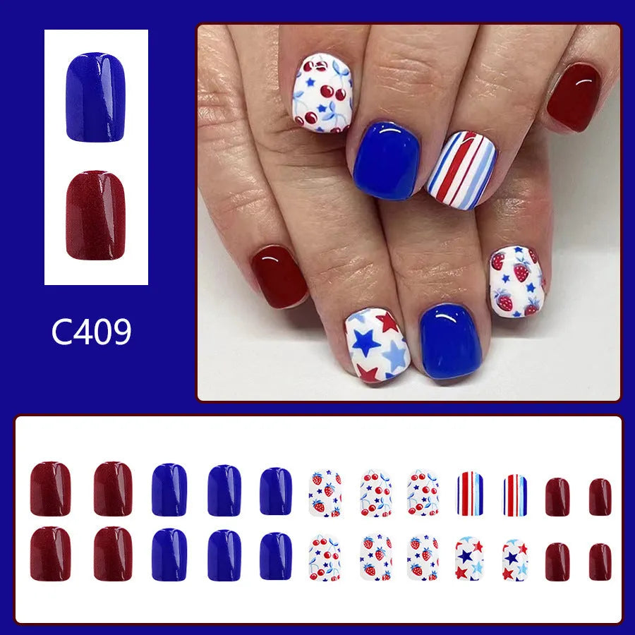 C409 Style glossy red and blue strawberry cherry pattern short nail stickers, pack of 24