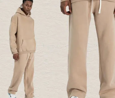 Men's hooded fleece-lined sweatshirt set with long-sleeve top and matching trousers in grey