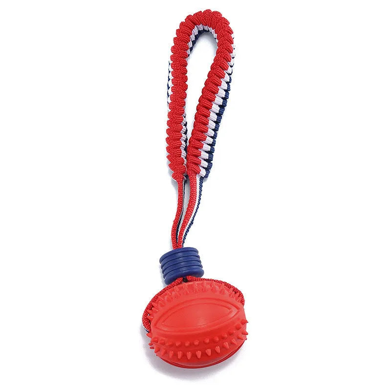 Blue and red natural rubber dog ball with attached rope for tug-of-war and teeth cleaning