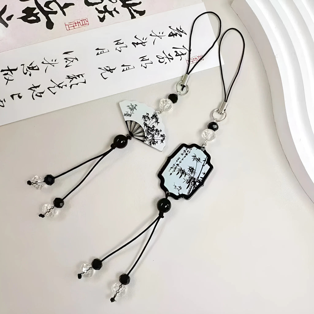 Guofeng Chinese style beaded keychain with Fan or Poetry pattern design for bag decoration.