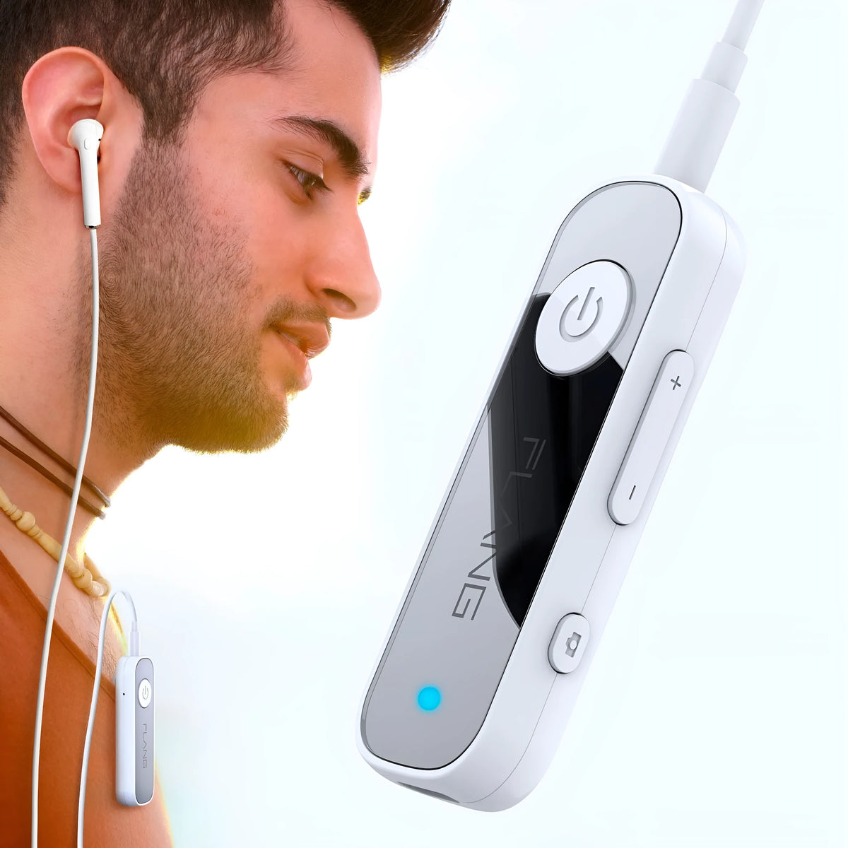 Bluetooth 5.0 audio receiver with 3.5mm aux plug, ABS casing in black, compact 68x25x9.5mm size