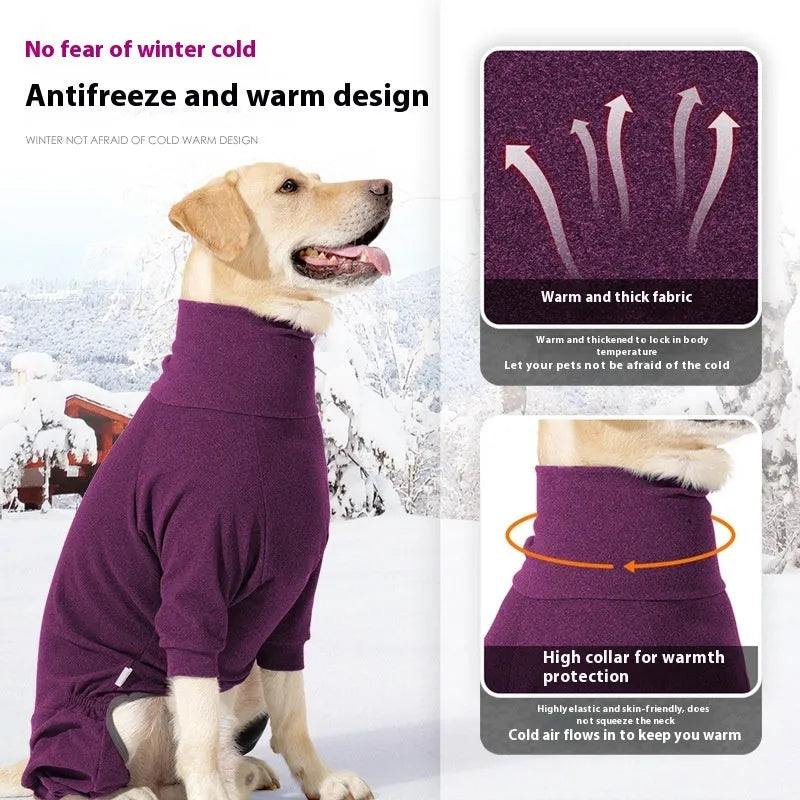 Dark grey four-legged polar fleece dog coat with high collar on model dog