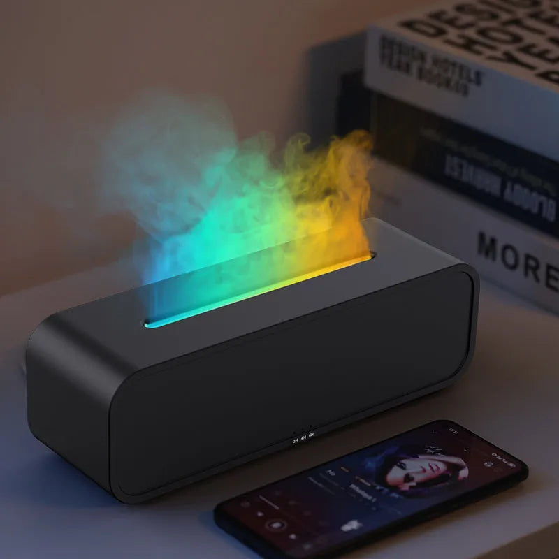 Black and white USB aroma diffuser showing flame dynamic light effect and remote control.