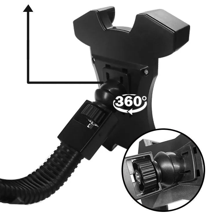 Automatic locking motorcycle phone holder car mount in black, made of ABS plastic and silicone, mounted on handlebar