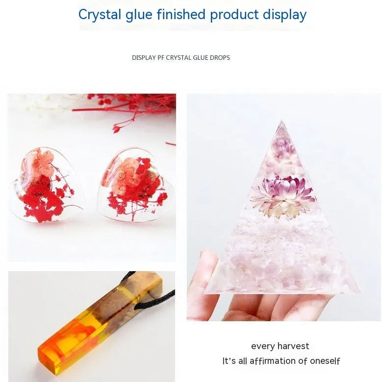1kg bottle of clear epoxy resin glue and a smaller bottle of crystal drops for DIY crafts.
