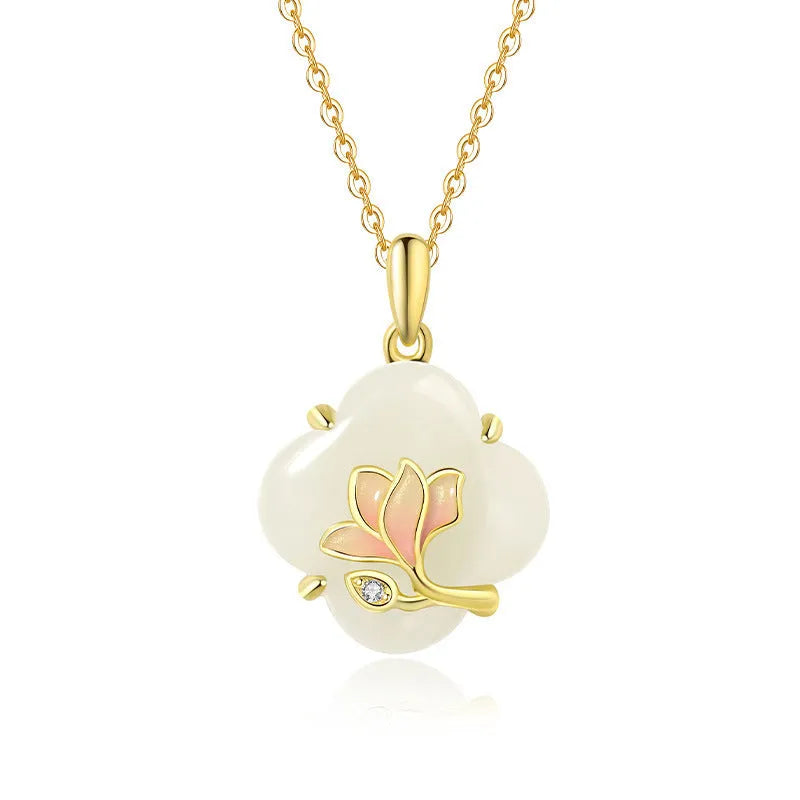 S925 sterling silver magnolia necklace, bracelet, and ear studs set with inlaid Hetian jade in a New Chinese floral style.