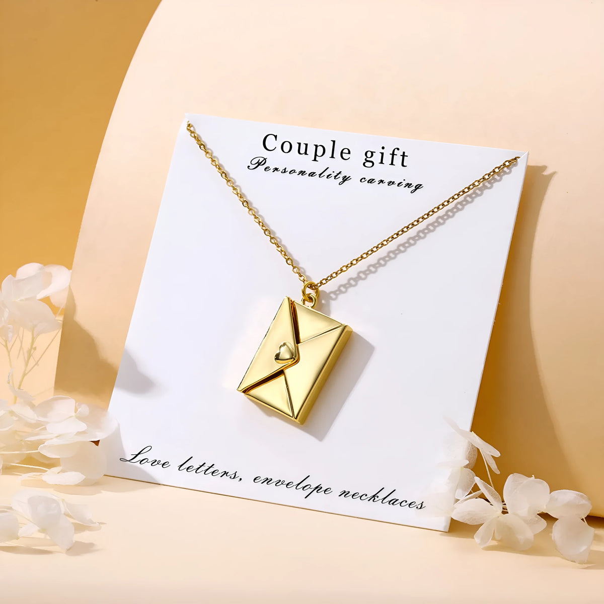 Envelope necklace with carved love letter pendant, cross chain, titanium steel and copper, gold steel or rose gold