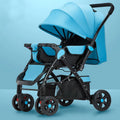 Reversible baby stroller with steel frame, four shock-absorbent wheels, and large storage plate in sky blue colour