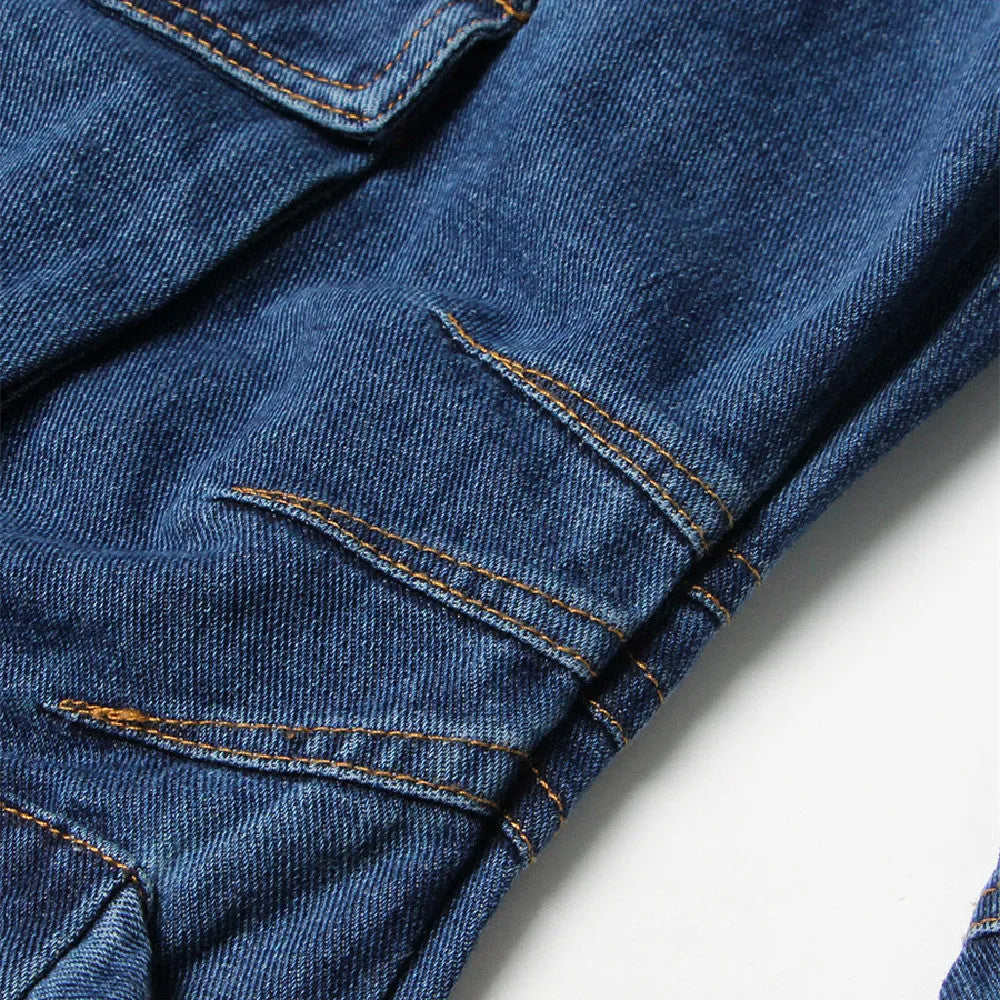 Women's blue baggy wide leg cotton denim jeans with multi-pockets, European style