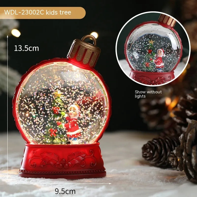Christmas LED flame light decoration showing four character options: old man, snowman, child tree, and angel designs