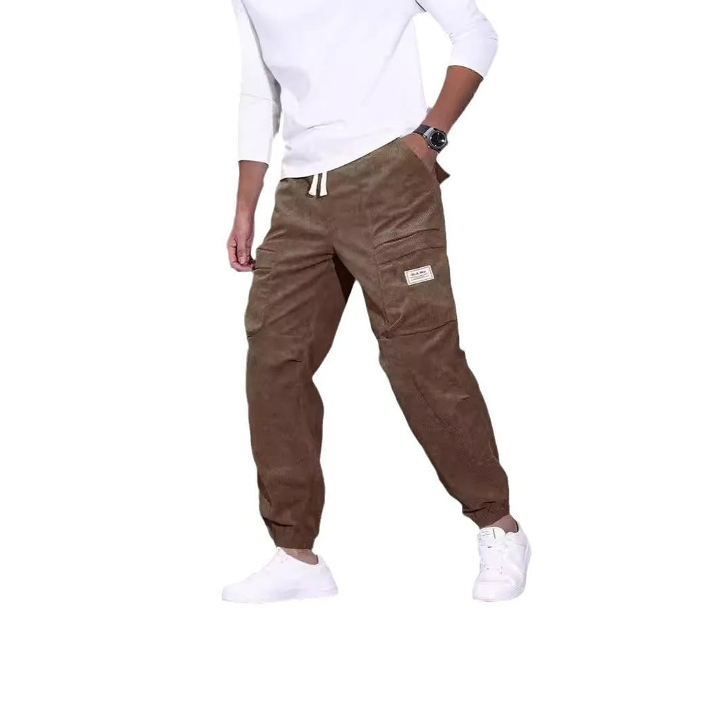Men's corduroy overalls ankle-tied loose casual trousers multi-pocket solid colour available in black red army green brown grey
