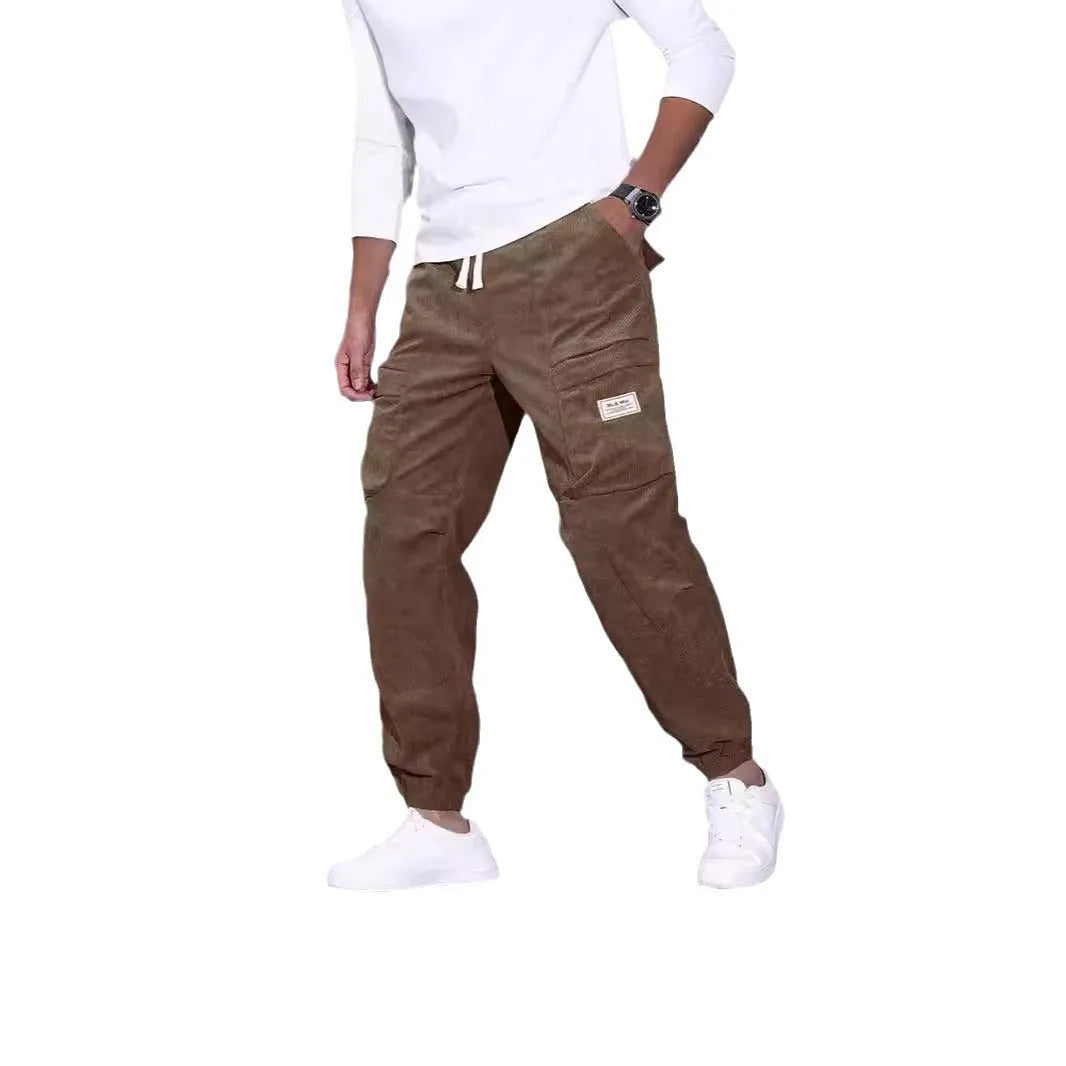 Men's corduroy overalls ankle-tied loose casual trousers multi-pocket solid colour available in black red army green brown grey