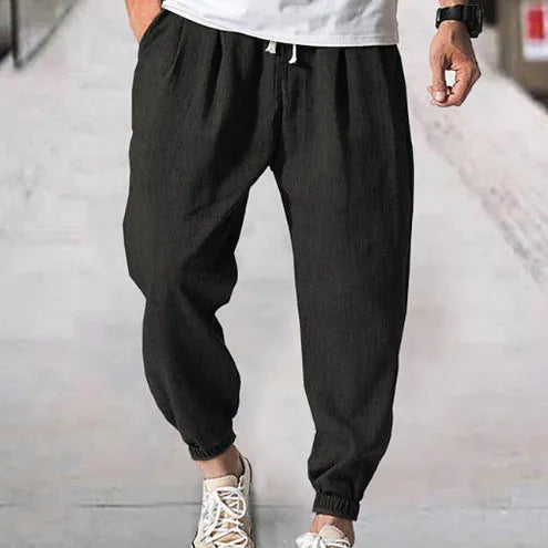 Men's casual cotton banded ankle pants in loose summer fit showing seven colour options