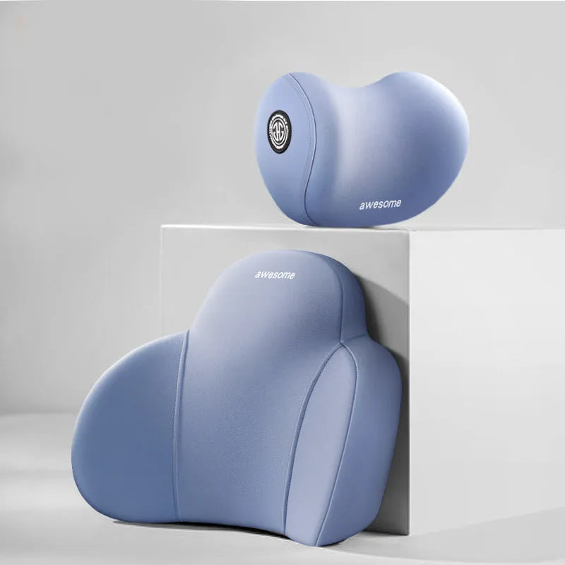 Automotive headrest and lumbar support pillows with memory foam filling and cotton covers in multiple colour options